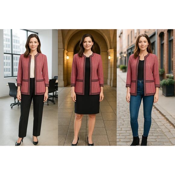 Ming Wang Womens M Open Front Knit Jacket Pink Black Trim Textured Blazer - Picture 7 of 10